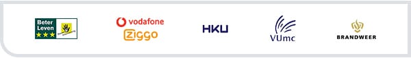 Een selectie van onze klanten: Stichting Beter Leven keurmerk, VodafoneZiggo, HKU, VUmc en Brandweer Amsterdam-Amstelland